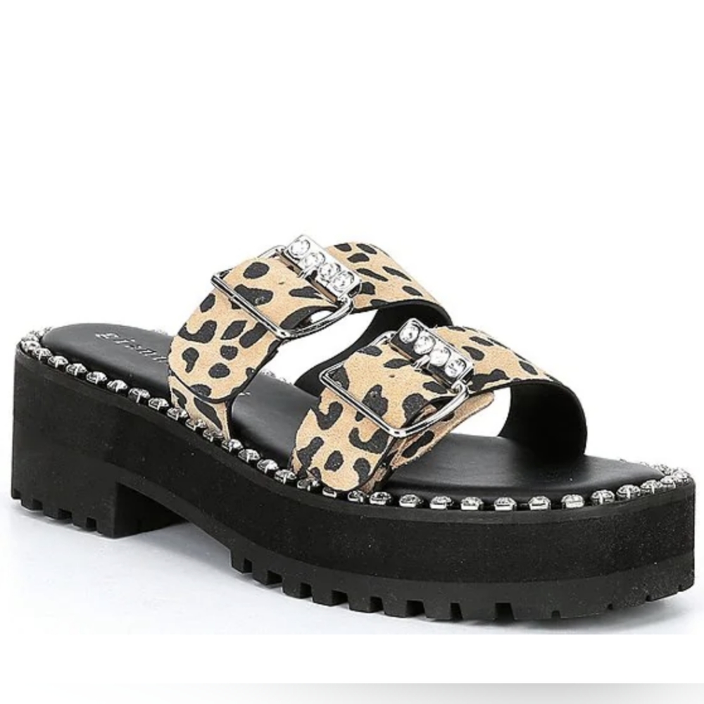 Gianni Bini Rawlins Animal Print Embellished Buckle Lug Bottom Sandals
